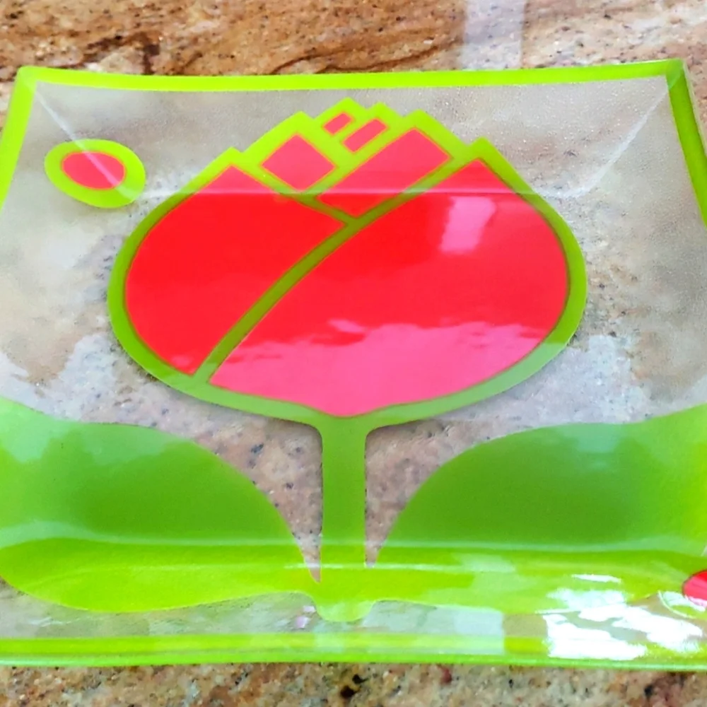 VTG 60S COLONY Glass Red Tulip & Green Leaf Clear Glass Square Serving Dish